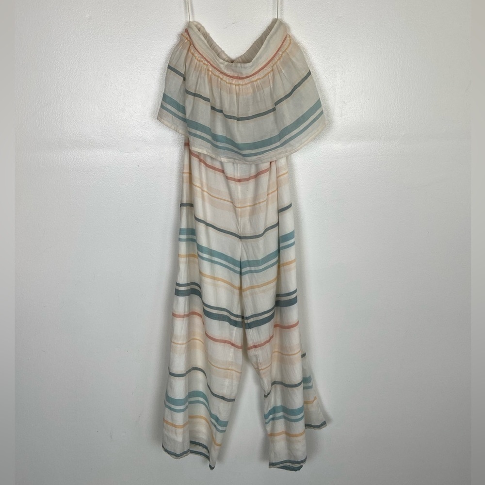 O'Neill Wide Leg Jumpsuit Size S Strapless Stripes Ruffle Cream Gauze Cotton